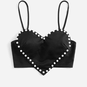 Heart Shaped Crop Top Pearl detail Black